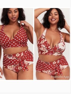 torrid Floral White Polka Dot Clay Brown Red Swim Set Feminine size 3